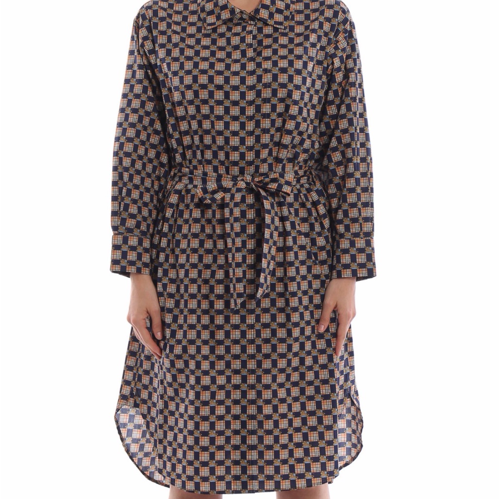 Burberry Navy And Beige Checkered Long Sleeve Dress